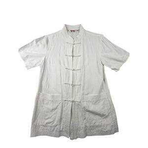 Asian Style Frog Closure Top White Mandarin Collar Shirt Womens Small Minimalist